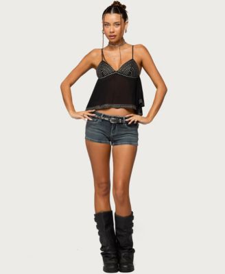 Women's Studded Asymmetric Sheer Babydoll Top