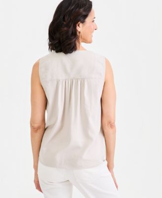 Women's Linen Blend Sleeveless Split-Neck Top