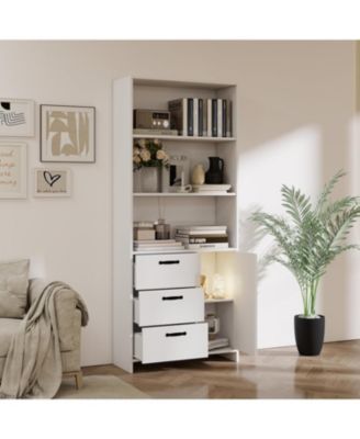 6-Tier Bookshelf with Door and 3 Drawers, 71" Tall Bookcase with 3-Tier Open Shelves