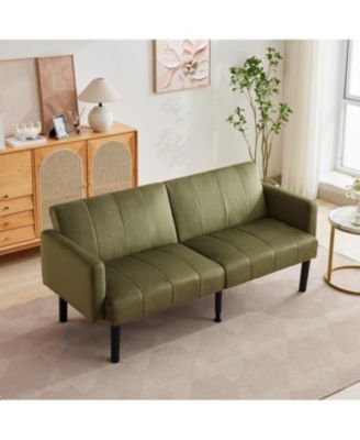 75.5” Convertible Futon Sofa Bed, Linen Flannel Small Couch Sofa with Wood Legs & 700lbs Capacity, Adjustable Folding Loveseat