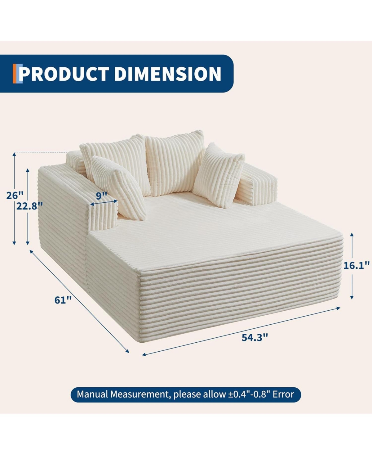 gaomon Oversized Chaise Lounge Chair 54 61" Indoor Corduroy Cloud Boneless Single Couch Sofa with 4 Pillows Armrests & Deep Seat No Assembly Comf