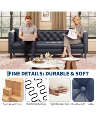 81" Leather Couch, Handmade Button Tufted 3 Seater Sofa, Chesterfield Sofa with Deep Seat and 2 Pillows, Leather Sofa for Living Room Apartment