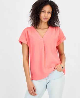 Women's Cotton Gauze V-Neck Short-Sleeve Top