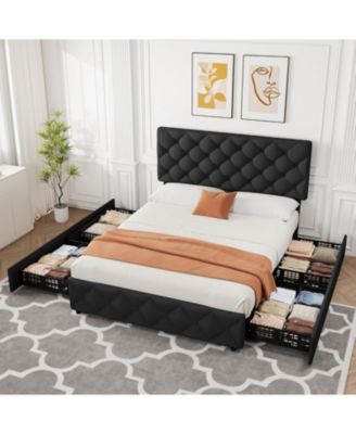 Full Size Bed Frame with 4 Storage Drawers, Linen Upholstered Platform Bed Frame with Adjustable Headboard