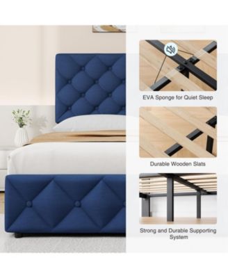 King Size Bed Frame with 4 Storage Drawers and Adjustable Headboard, Linen Upholstered Platform Beds