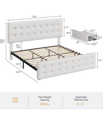 Bed Frame with 4 Storage Drawers and Headboard, Faux Leather Upholstered Platform Bed Frame with Wooden Slats Support.