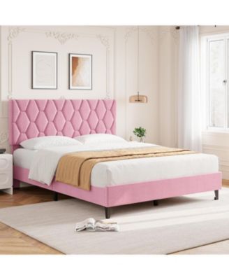 Full Upholstered Platform Bed Frame with Pink Headboard, Wood Slats, Heavy Duty, Noise Free Design