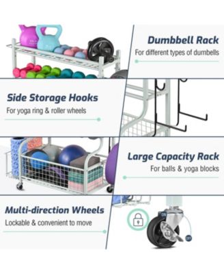 Home Gym Storage for Dumbbells,Yoga Mat and Balls, Adjustable width,All in One Workout Storage with Wheels and Hooks,Steel