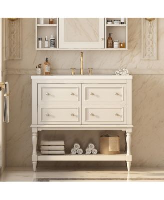 36" Modern Bathroom Vanity with Ceramic Sink, Freestanding Solid Wood Cabinet, 4 Drawers & Storage Shelf