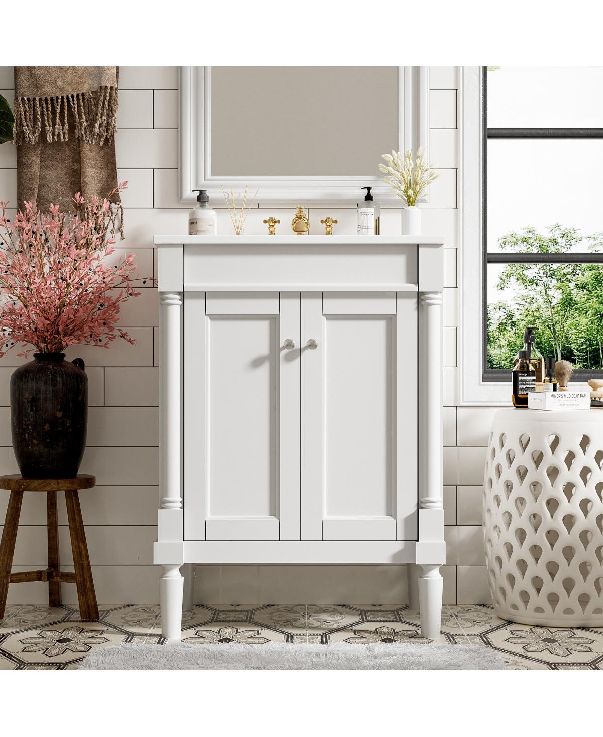 Sillysis 24" Bathroom Vanity with Ceramic Sink, Modern Solid Wood Cabinet & Ample Storage for Small Spaces