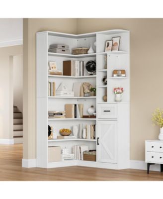 74'' Tall Corner Bookshelf - 6-Tier Book Shelf with Drawer and Cabinets, l-Shaped Bookcase Open Storage Shelves Modern Display Shelf for Home