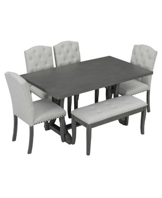 6-Piece Farmhouse Dining Table Set with Upholstered Chairs & Bench