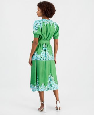 Women's Belted Printed Button-Front Midi Dress