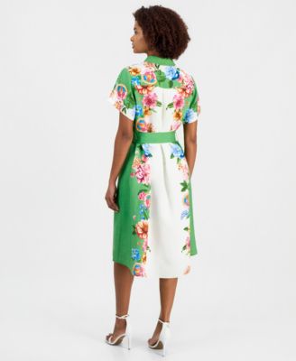 Women's Printed Belted Button-Front Midi Dress