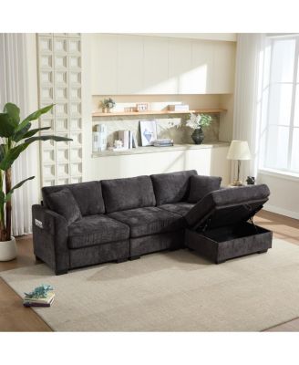 Modern Storage Sofa with Dual USB, 2 Side Pockets, Ottoman Storage Bench