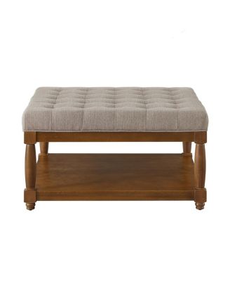 Large Tufted Linen Ottoman Coffee Table with Solid Wood Shelf