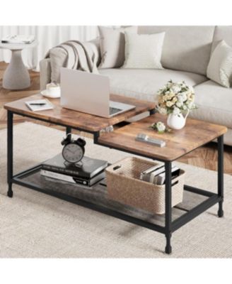 Coffee Table Industrial Living Room Table 2-Tier Rustic Center Table with Mesh Shelf Rectangle Storage Cocktail Table Metal Frame