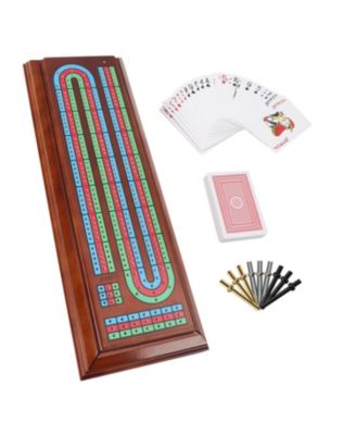 Multi Color 3-Track Wooden Cribbage Board Box with 2 Deck Playing Cards, 9 Metal Pegs and Drawer