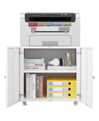 File Cabinet on Wheels, Mobile Metal Printer Stand with 2 Doors and Adjustable Shelf for Home Office, Small Space
