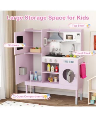 Kids Toy Kitchen Playset with Range Hood, Ice Maker & Telephone