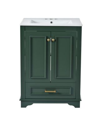 24" Bathroom Vanity with Ceramic Sink, Modern Freestanding Cabinet with Drawer & Soft Closing Doors, Solid Wood MDF Storage