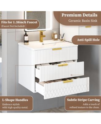 24"Wall Mounted Bathroom Vanity with Ceramic Sink & Double Drawers, Stripe Design for Small Bathrooms