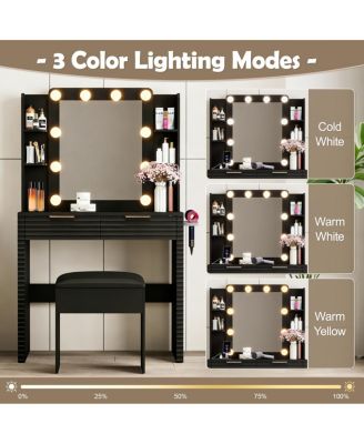 Makeup Vanity Desk with Hollywood Bulbs, Charging Station & Stool