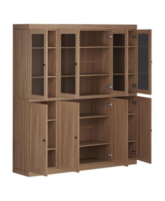 100% Solid European Oak Tall China Display Cabinet with Shaker and Tinted Glass Doors, Modular Design