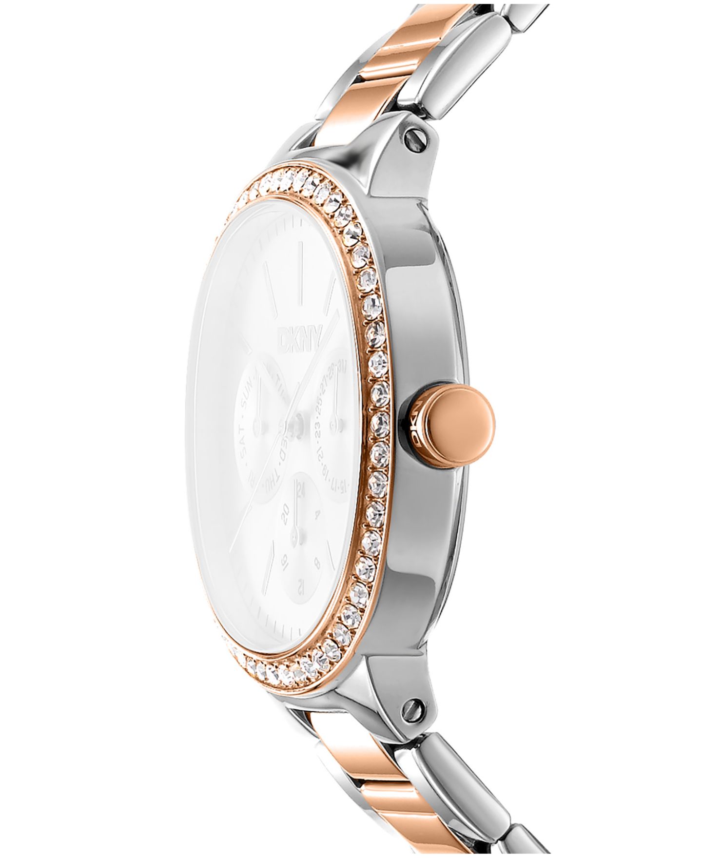 Женские часы DKNY Silver Dial Crystal Bezel Two-Tone Red Gold Stainless Steel Bracelet Multifunctional, 36mm — фото 2