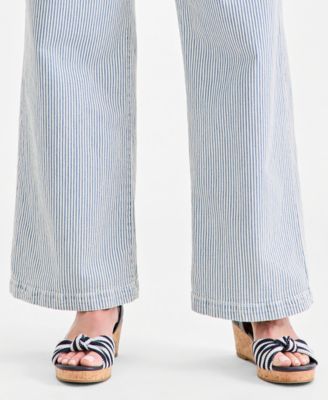 Women's Striped High-Rise Pull-On Wide-Leg Jeans