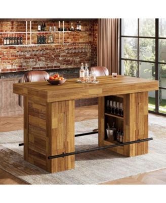 63-Inch Bar Table with Storage Shelves, Counter Height Pub Table with Metal Footrest, Rectangular High Top Home Bar Units