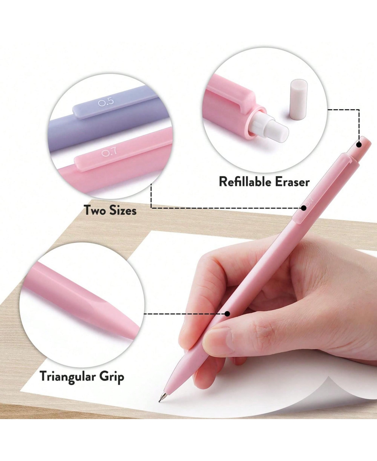 Htutwoo 0.7mm Mechanical Pencil Set, 3PCS Mechanical Pencils with Hb Lead Refills, Pastel Eraser Set and Eraser Refills for Writing