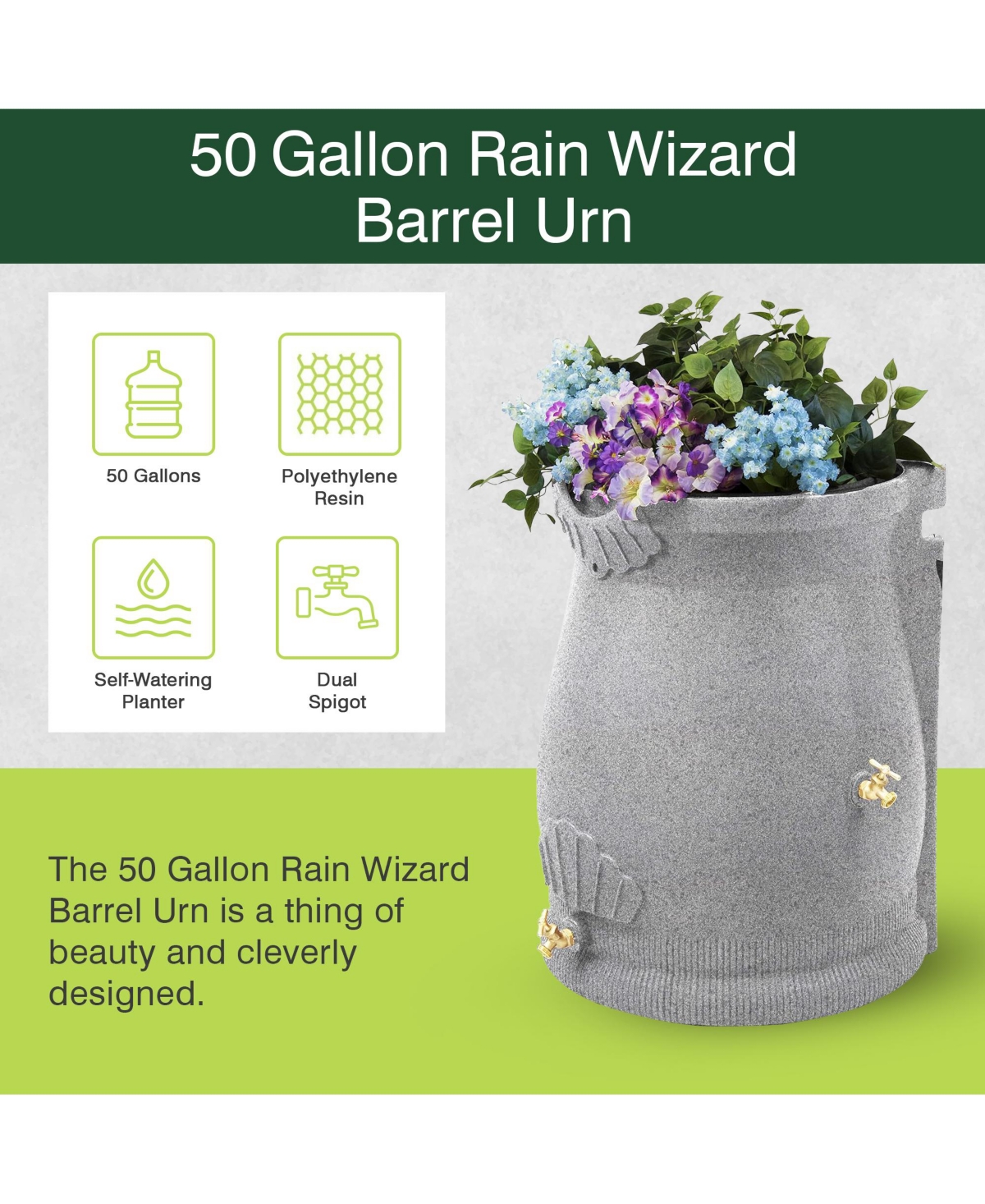 Good Ideas RWURN50-lig 50 Gallon Rain Saver Wizard Barrel Urn, Light Granite