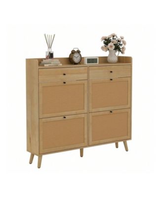 Oak Slim Freestanding Shoe Cabinet - 4 Rattan Flip Drawers + 2 Drawers Solid Wood Legs Organizer
