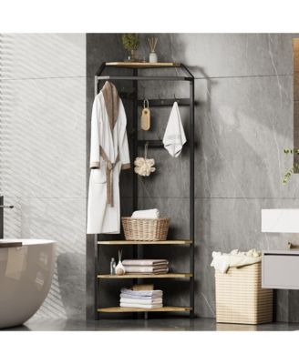 6 Double Hooks Corner Hall Tree - Storage Clothes Rack with Entryway Shoe Bench