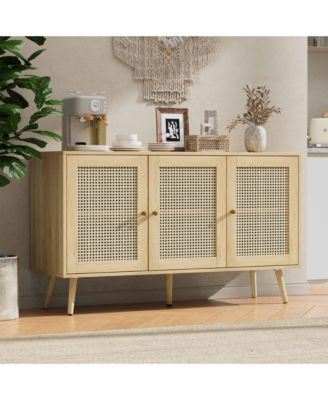 Rattan Storage Cabinet with 3 Doors, Boho Sideboard Buffet Cabinet Wood Farmhouse Credenza Cabinet