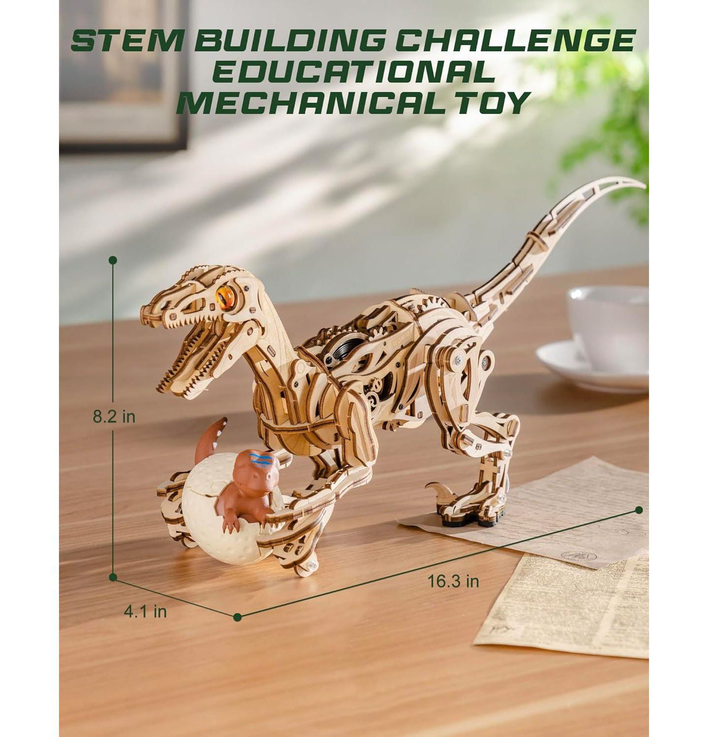 Детский конструктор Robotime Walk Dinosaur 189-Piece 3D Wooden Puzzle Building Set, Ages 14+, цвет: Бежевый — фото 5