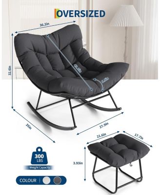 Outdoor Papasan Rocking Chair with Footrest, Oversized Lounge Chair with Ottoman and Sturdy Metal Frame