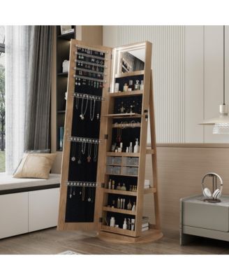 360°Swivel Jewelry Cabinet, Standing Jewelry Armoire Organizer, Lockable Storage Cabinet with Full Length Mirror, Display Shelves - Walnut