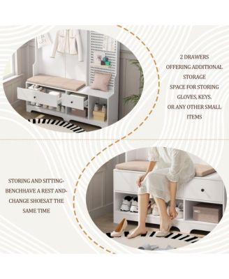 Hall Tree - Wooden Coat Rack with Hooks, 2 Drawers, Open Shelves, DIY Pegboard and Removable Linen Cushioned Entryway Bench