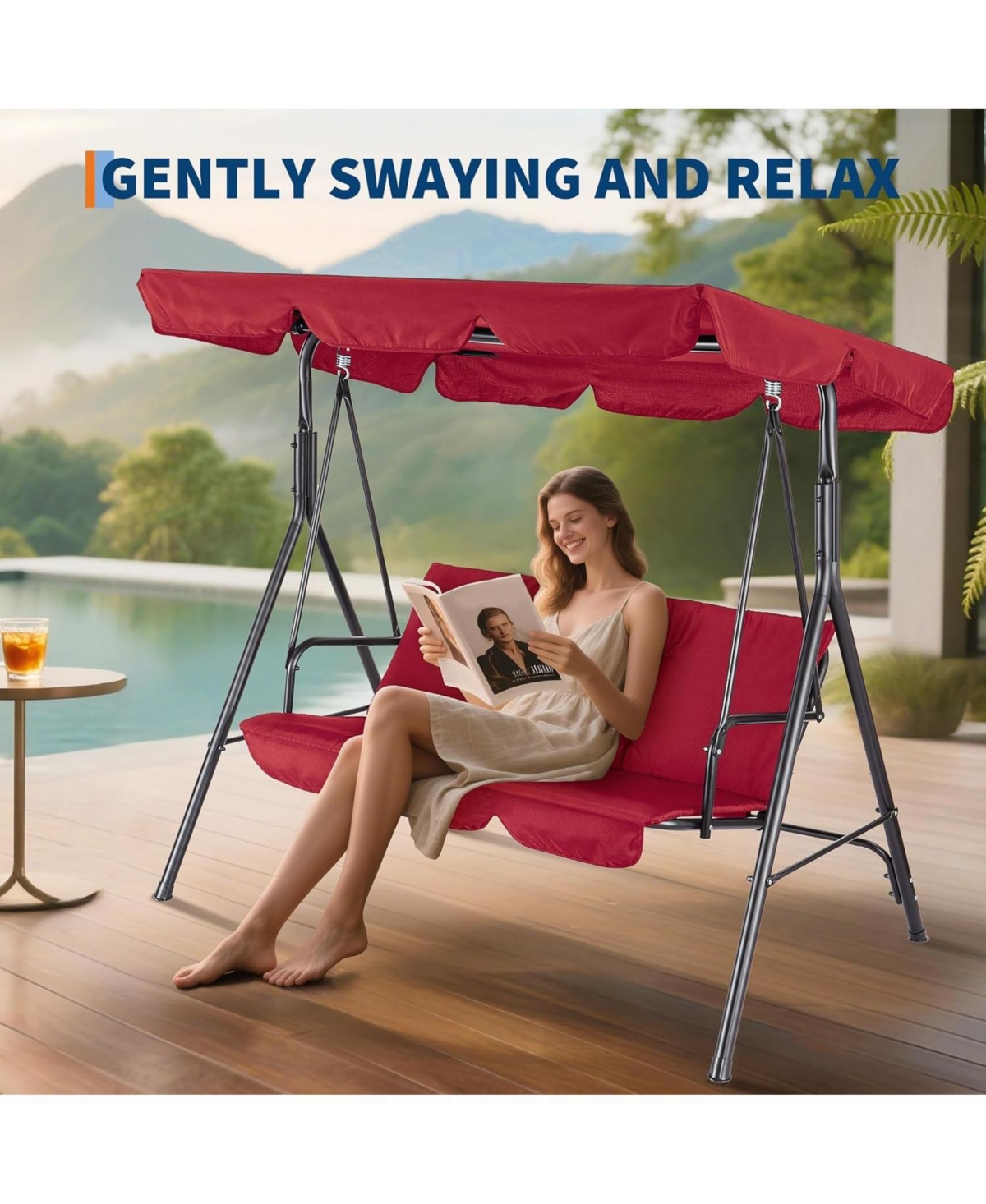 gaomon 3-Seat Patio Swing Chair with Adjustable Canopy and Thick Waterproof Cushions, Outdoor Steel Frame Porch Swing for Garden