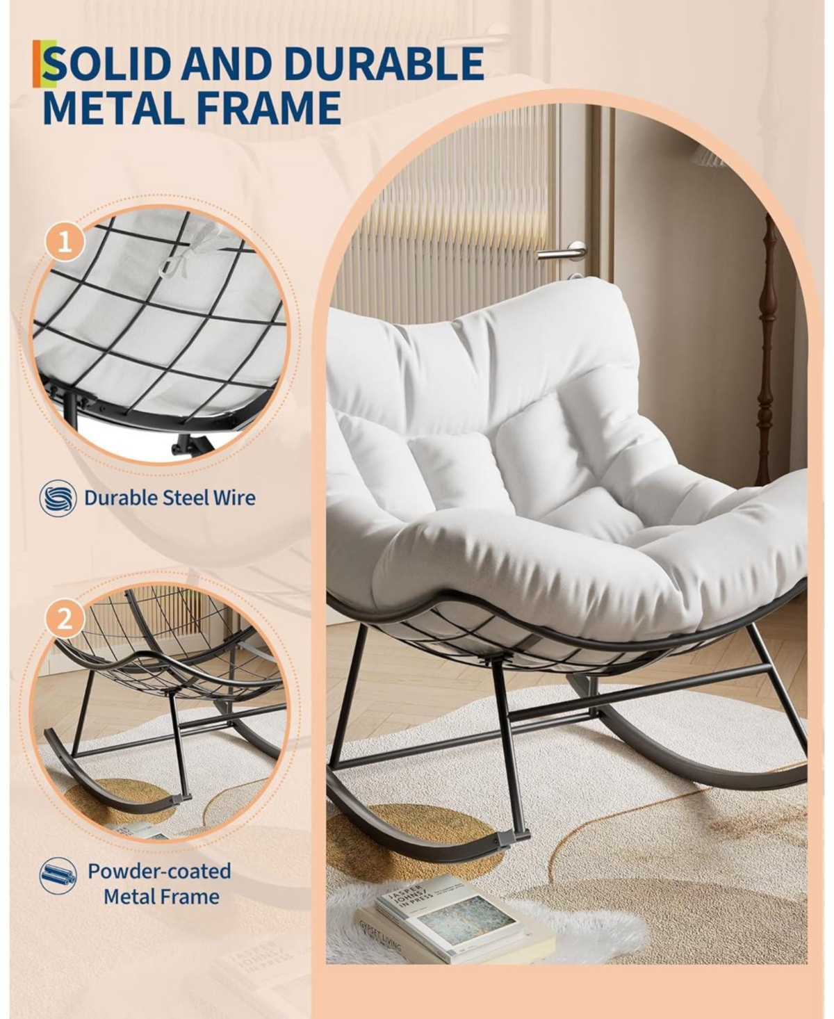 gaomon Outdoor Papasan Rocking Chair with Thick Cushion, Rattan Lounge Seat