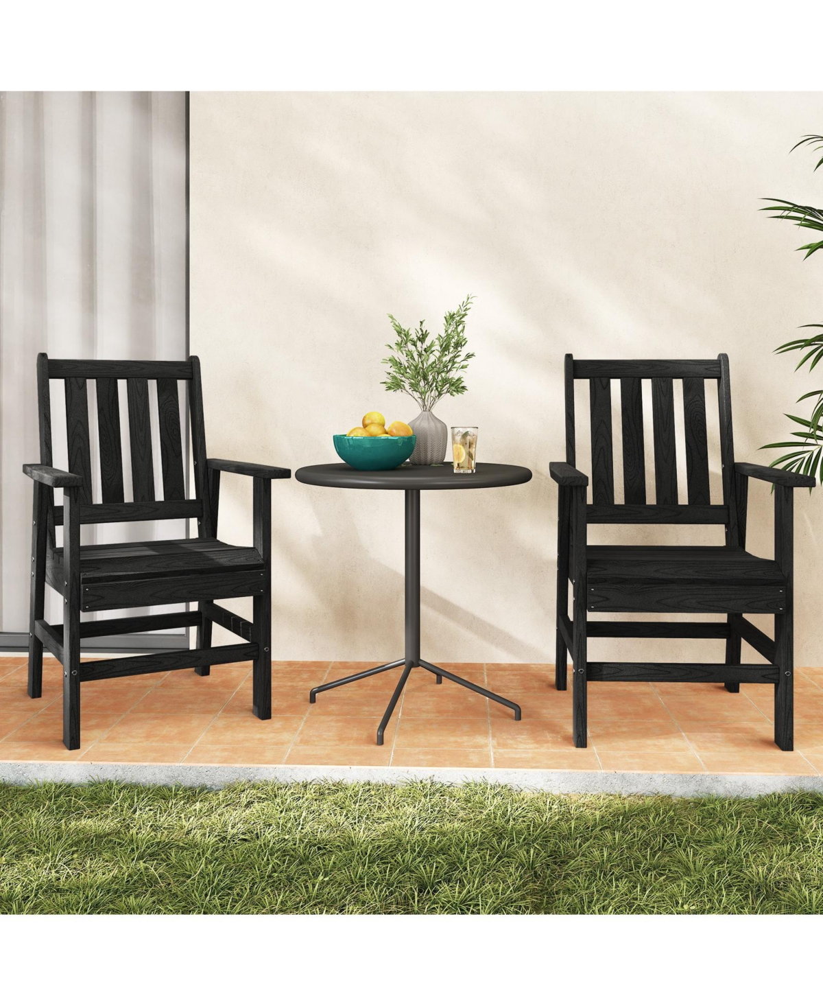 Gymax Patio Dining Chairs Set of 2 w/Wide Armrests Curved Seat Wood Grain for Backyard