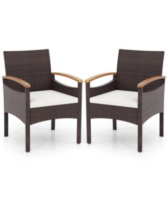 2 PCS Dining Chairs w/ Acacia Wood Armrest Heavy Duty Metal Frame Patio