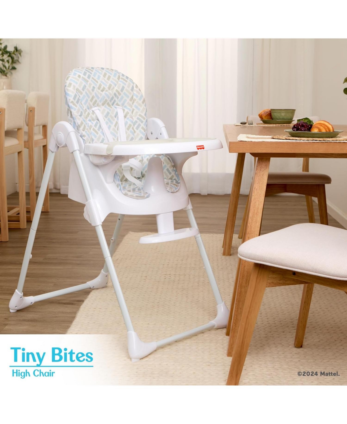 Dream On Me Baby Fisher Price Tiny Bites highchair one-click fold, 7 heights, 2 reclines, removable dishwasher-safe tray, lightweight and space-saving