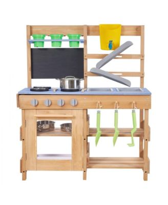 Wooden Outdoor Mud Kitchen with Stoves, Hooks, and Cookware