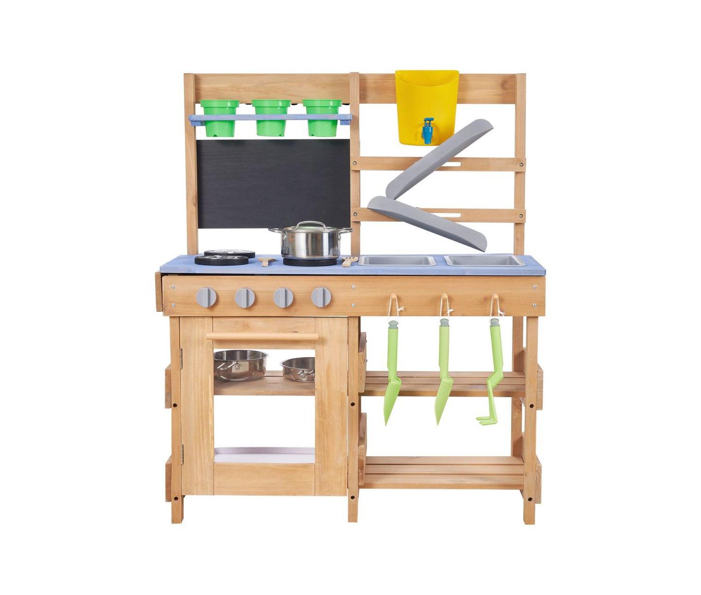 Детская игрушка Slickblue Wooden Outdoor Mud Kitchen with Stoves, Hooks, and Cookware, цвет: Синий / Коричневый — фото 1