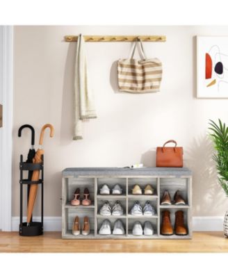 Gray 41" Padded Seat Shoe Storage Bench - 10 Cubes Adjustable Shelves Side Pockets Entryway Organizer