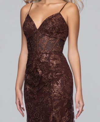 Juniors' V-Neck Glitter Lace-Up Gown