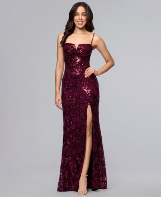 Juniors' V-Neck Sequin Lace-Up Gown